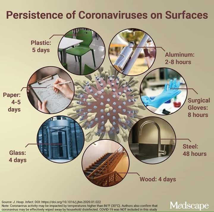 Persistence of Coronavirus on surfaces