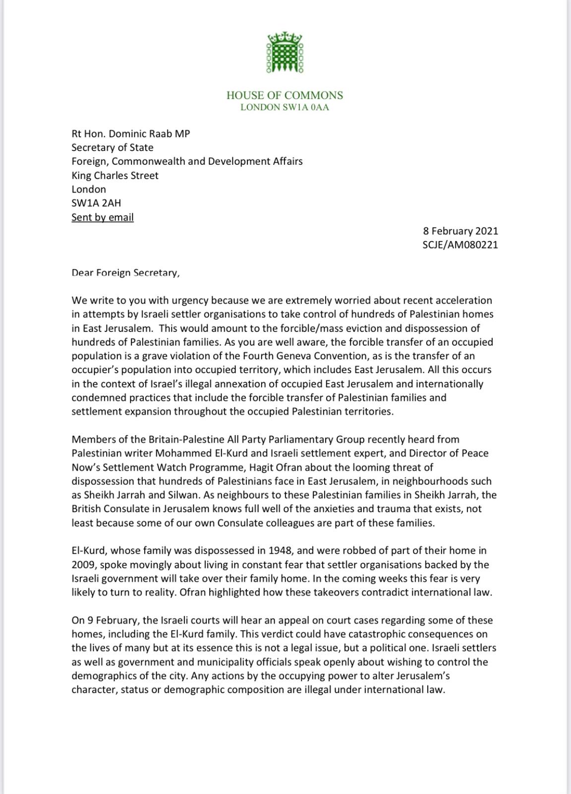 Over 80 UK parliamentarians call on Israel to stop the dispossession of Palestinian families in East Jerusalem, or face diplomatic consequences
